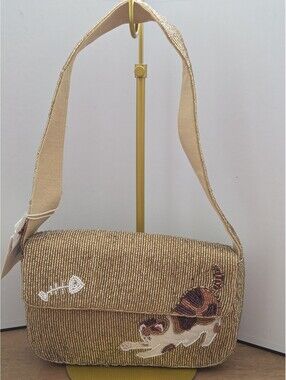 NWT Sol & Mer Beaded Cat Shoulder Bag Gold Calico Kitty Fish Bone Purse